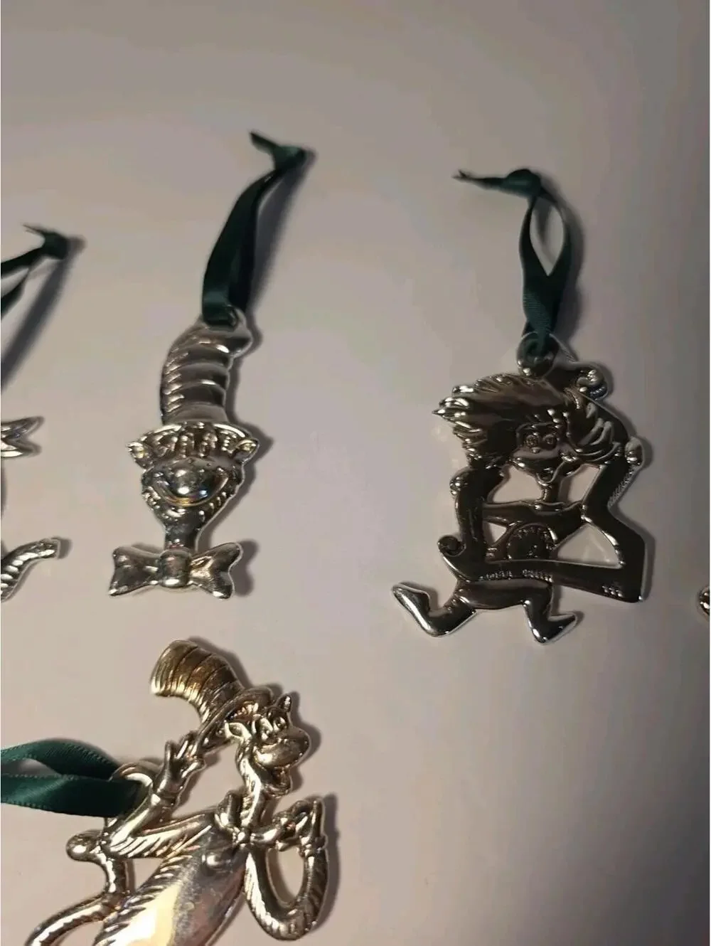 6 Dr. Seuss Cat in the Hat Christmas Ornaments Silver Metal Hanging Has Hallmark